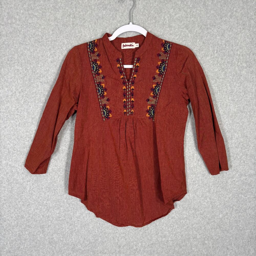 Fabindia Top Womens XS Burnt Rust Embroidered Popover Boho Cottage Moroccan